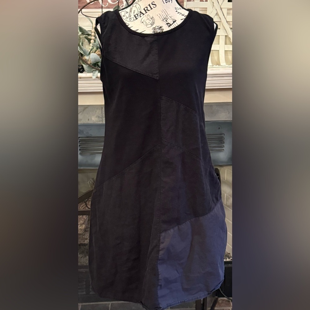 Linen Blend Sleeveless Black Dress Mixed Media Knee Length Women’s Large Mobwife
